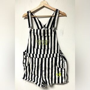 Hot Topic Beetlejuice shortalls black & white vertical stripes embroidered 
Sz L